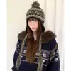 Gorro de Lana de Punto Color Café Estilo Fair Isle para Otoño e Invierno, Circunferencia de Cabeza Grande, Gorro Lei Feng, Cálido Versátil que Protege las Orejas