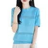 Camiseta de Punto de Seda Helada de Manga Corta para Mujer, Estilo Nuevo de Verano, Cuello Redondo, Huecos, Corte Holgado, Fresca y Elegante, Top Fino para Viajar