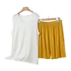 Conjunto de dos piezas para mujer de modal con cuello en V, top sin mangas y shorts, fino de verano, talla grande, nuevo, holgado, conjunto para casa
