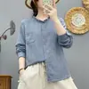 Hilo de algodón de doble capa, patrón de espiga teñido en hilo de dos tonos, retro, manga larga, casual, corte holgado, camisa de mujer para otoño