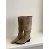 Botas apiladas de doble uso con pliegues estilo francés, botas altas largas para mujer, otoño e invierno 2026, tacón medio grueso vintage, punta fina, botas largas hasta la rodilla