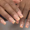 Uñas francesas postizas de rayas naranjas y blancas, de longitud media, forma cuadrada, refrescantes, sencillas, removibles, uñas postizas terminadas