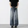 Jeans masculino American retro com lavagem desgastada, corte cleanfit estiloso com estampa de raio, boca larga reto, estilo high street
