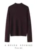 Elegante diseño de pliegues en el hombro, suéter 100% lana merino para mujer, otoño/invierno, cuello alto medio, corte ajustado, capa base de punto