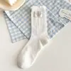 Calcetines blancos finos de verano para mujer con lazo, a media pantorrilla, accesorios JK Lolita, etiqueta de tela, encaje, zapatos pequeños de cuero, calcetines de algodón apilados