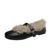 Zapatos de algodón francés punta redonda zapatos peludos mujer nuevo hebilla zapatos Mary Jane más terciopelo boca poco profunda suela blanda de una sola tira cálidos 2026