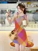 Vestido a cuadros sin mangas con cuello colgante de dopamina para mujer, hermoso diseño único de verano, cintura ajustada, falda elegante