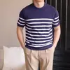 Nova camisa de malha de manga curta de verão para homens, listrada, slim fit, business casual, camiseta com toque gelado de seda gelo, atacado transfronteiriço
