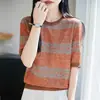 2026 Primavera/Verão Novo Top de Tricô Manga Curta Gola Redonda Tencel Lyocell para Mulheres Blusa Jacquard Floral Color Block Camiseta