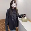 Marca Tendência Retro Americana Gato Cartoon Estampa Gato Manga Longa Camiseta para Mulheres Primavera e Outono Estilo Coreano Solta Preguiçosa Tops de Estudante