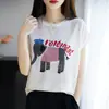 Camiseta Feminina Pulôver de Manga Curta com Estampa, Fina, Respirável e Fresca, de Bambu e Linho, com Gola Redonda