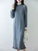 Vestido de Lã 100% Pura com Gola de Renda de Alta Qualidade para Mulheres, Suéter Base Soltinho para Outono e Inverno, Vestido Longo de Tricô de Caxemira