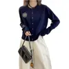 Roupa casual de outono: Jaqueta Cardigan Suéter Azul Marinho para Mulheres, Estilo Primavera e Outono, Adequado para Figuras Baixas, Top Tricotado
