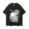 Camiseta de Manga Corta de Talle Grande Estilo High Street con Estampado Floral, Estilo Vintage Americano, Estampado de Personaje de Anime Japonés Vintage, Manga Larga Retro para Primavera y Otoño