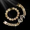 Pulseira Cruzada Mais Vendida Flor de Crisântemo Dólar Elo Cubano Completa em Diamante Liga Hip Hop Estilo Unissex Empilhável Versátil Acessório de Pulseira