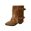 Botas de Moda Estilo Nuevo Retro Occidental Tacón Grueso Pierna Ancha Hebilla Botas de Media Caña Botas de Tacón Grueso Botas Estilo Europeo Mujer Piel Suave 2026 Otoño/Invierno