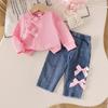 Conjunto de Sudadera de Punto Canalé Rosa de Manga Larga con Lazo de Nuevo Estilo Europeo y Americano + Jeans Lavados - El Más Vendido de Amazon