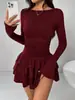 Vestido de manga larga elegante de color liso ajustado para mujer, nuevo para primavera y otoño, de Amazon transfronterizo europeo y americano, con un toque de alta gama