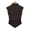 Camiseta de manga corta con cuello semi alto de puro deseo, diseño ajustado para chica hot con cintura plisada, top base corto fino irregular