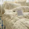 Juego de cuatro piezas de algodón lavable y agradable para la piel estilo princesa francesa Corazón de niña Encaje Sábana Cubre edredón Ropa de cama 4