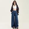 Jeans azul oscuro para mujer talla pequeña 2024 Otoño Nuevo Suelto Pierna ancha Pierna recta Pantalones