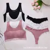 Camisola de malha transpassada europeia e americana com ombros largos, respirável, para mulheres, com bordas franzidas, conjunto de sutiã sexy