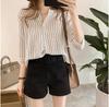 Camisa de Moda Coreana de Verano 2026, Talla Grande, Cuello Redondo, Rayas, para Mujer, Top de Manga Tres Cuartos, Camisa Casual Holgada