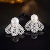 Pendientes de Encaje Estilo Francés Lujo Ligero Perla de Agua Dulce Forma de Abanico Pendientes Huecos Tallados Vintage para Mujer con Pasadores de Plata 925