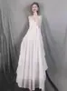 Falda de tirantes de algodón y lino para mujer, estilo nuevo de verano, artística, con dobladillo irregular, plisada, color liso, sin mangas, vestido de lino