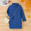 Vestido de Gola Alta para Meninas Outono Inverno Bebê Vestido Base Tricotado de Comprimento Médio Crianças Costela Grossa * Vestido Roupa Infantil