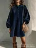 Nuevo Vestido Cruzado de Terciopelo Gamuzado Europeo y Americano para Mujer, Vestido Midi Retro de Cuello Alto Pequeño con Mangas de Farol, Corte Amplio en A
