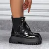 Botas de Montar de Corte Bajo para Mujer Tallas 35-44, Punta Redonda, Charol, Transfronterizas, Talla Grande, Con Cordones, Suela Gruesa, Botas Europeas y Americanas para Mujer