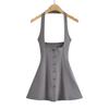 Vestido Vintage de Cor Sólida com Alça Halter para Mulheres Verão 2023 Emagrecedor Cintura Marcada Linha A Saia Curta Cintura Alta Emagrecedor