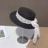 Sombrero de Paja de Ala Plana con Lazo de Perlas Estilo Francés para Mujer, Sombrero de Sol para Playa de Verano, Sombrero Estilo Vacaciones