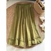 Calça Wide Leg Bordada Redutora de Idade com Ruffle e Costura em Estoque para Mulheres, Calça Casual Solta Artística de Cintura Alta, Calça Saia em Camadas