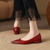 Zapatos Planos Rojos Retro Franceses de Punta Fina, Nuevos Zapatos Individuales Elegantes de Cuero Genuino de Piel de Oveja Poco Profundos para Mujer, Zapatos de Tacón Grueso para Commuter