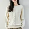 Suéter de tricô de algodão puro com gola redonda e padrão torcido, estilo casual e suave para mulheres, suéter quente de sete pontos espessados, suéter básico de tricô de modelagem solta