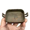Colección de Cobre Estilo Antiguo: Quemador de Incienso Pequeño Rectangular con Cuatro Patas, Estilo Xuan De, Diseño de Nudo de Bambú, Asa en Forma de Corona, Adorno Decorativo Vintage