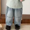 Estilo Coreano Elegante Conjunto Pequeno de Bebê Outono Bebê Estiloso Camisa Listrada com Gola Alta Jeans de Perna Reta Solto Roupa Infantil