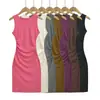Vestido Midi Bodycon Ajustado al Cuerpo de Cuello Redondo sin Mangas con Pliegues Estilo Puro Deseo, Elástico Ajustado de Color Sólido para Mujeres