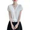 Cardigan de Punto con Cuello en V de Manga Corta Estilo Francés para Mujer, Verano 26, Delgado Rayado Hueco Ajuste Holgado, Adelgazante, Top de Alta Gama