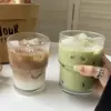 Copo de Vidro de Bambu com Listras Verticais da Moda com Tampa de Canudo, Copo para Café Gelado e Chá com Leite, Copo de Bebida Doméstico Estilo Ins
