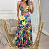 Vestido elegante y elegante con cuello en V y tirantes finos, estampado de comercio exterior europeo y americano, para mujer, 2024
