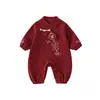 Ropa de Cumpleaños para Bebé Estilo Chino Nuevo Mameluco para Niños, Estilo Primavera y Otoño, Traje Rojo Bordado para Salir y Gatear para Bebés de 100 Días y 1 Año