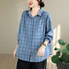 Tiro real 2026 Primavera/Otoño Camisa de Manga Larga de Gasa de Algodón de Doble Capa para Mujer Color Sólido Cuadros Temperamento Retro Camisa Base Superior