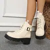 Botas Martin de color metálico transfronterizas para mujer, con correas de hebilla, cremalleras laterales, suelas gruesas, tacones gruesos y un diseño inspirado en la ropa de trabajo; botines cortos para mujer al por mayor