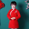 Cheongsam Infantil Rojo Invierno Forro Polar Hanfu Vestido Largo de Manga Larga Estilo Chino Traje Tang Vestido de Princesa para Niña Vestido de Año Nuevo