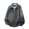 Suéter de punto trenzado vintage con solapa para otoño e invierno para hombre, estilo casual americano, corte holgado, talla grande, punto de imitación de dos piezas con cuello en V