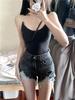Shorts Jeans Slimming de Cintura Alta Preto e Cinza Feminino Verão Estilo Americano Hot Pants com Borda Grossa Franzida A- Mostrado Hot Pants Ins