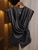 Top de satén jacquard con cintura plisada pesada adelgazante para mujer, verano, color liso, minimalista, suave, simple, estilo simple, camisa de deseo puro